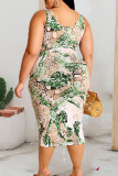 Green Casual Print Bandage Patchwork U Neck Plus Size Two Pieces