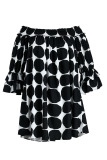 Black Casual Print Polka Dot Patchwork Off the Shoulder Plus Size Dresses