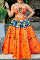 Orange Sexy College Print Bandage Patchwork Strapless Plus Size Two Pieces
