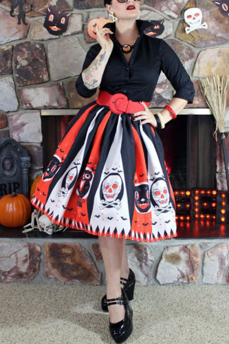 Orange Halloween Costumes Skull Print Long Sleeves Shirt Collar A Line Pleated Midi Dresss