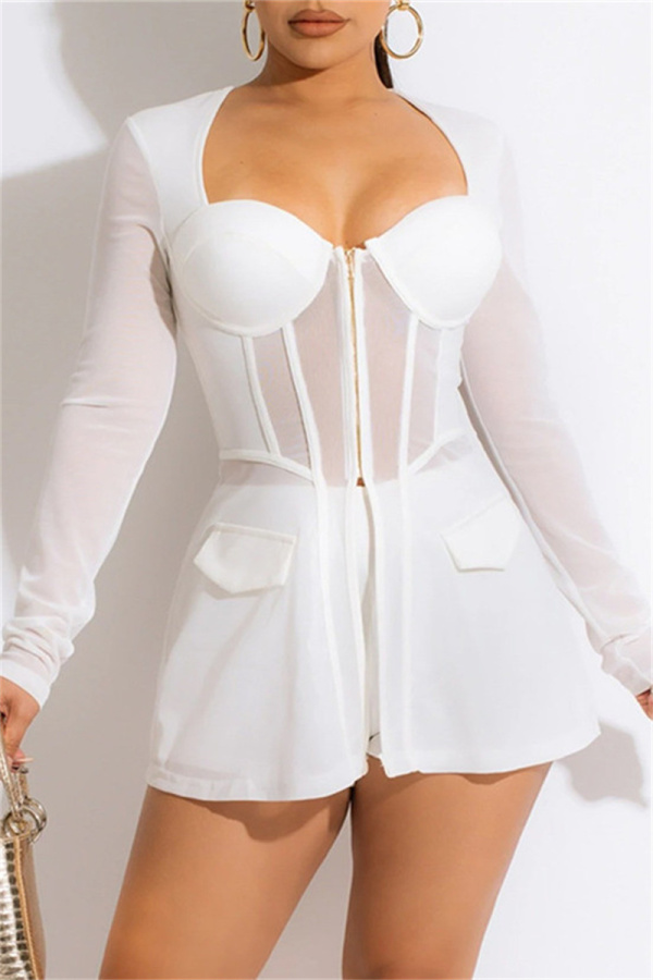 White Fashion Sexy Patchwork See-through Square Collar Long Sleeve Two Pieces