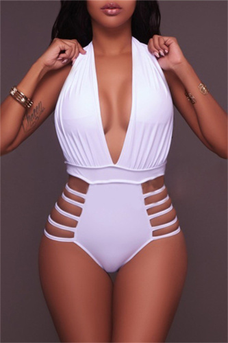 White Fashion Sexy Solid Bandage Hollowed Out Backless Swimwears (Without Paddings)