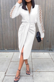 White Casual Solid Patchwork V Neck Lace Dress Dresses