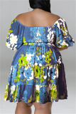 Deep Blue Fashion Casual Print Patchwork Backless Off the Shoulder Plus Size Dresses