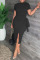Black Celebrities Solid Bandage Patchwork Slit O Neck Short Sleeve Two Pieces