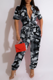 Purple Casual Camouflage Print Patchwork Turndown Collar Harlan Jumpsuits