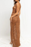 Khaki Sexy Solid Tassel Hollowed Out Patchwork Backless Slit Swimwears Cover Up