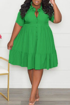 Green Casual Solid Patchwork Buckle Turndown Collar A Line Plus Size Dresses
