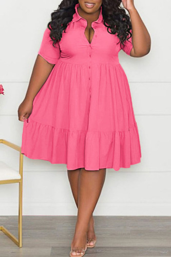 Rose Red Casual Solid Patchwork Buckle Turndown Collar A Line Plus Size Dresses