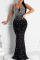 Black Fashion Sexy Patchwork Hot Drilling Backless Spaghetti Strap Evening Dress