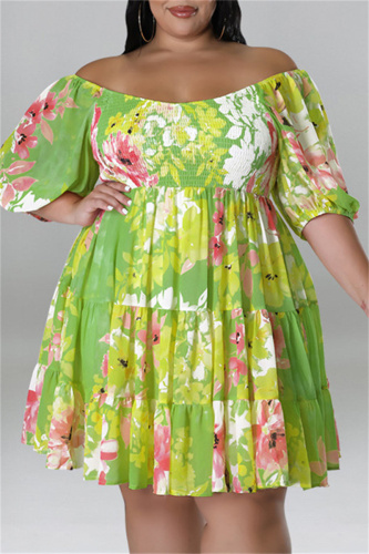 Green Fashion Casual Print Patchwork Backless Off the Shoulder Plus Size Dresses