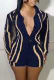 Dark Blue Fashion Casual Solid Patchwork Turndown Collar Long Sleeve Two Pieces