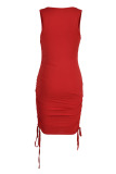 Red Casual Solid Patchwork Frenulum Fold O Neck Pencil Skirt Dresses