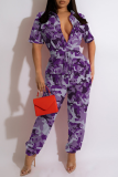 Grey Casual Camouflage Print Patchwork Turndown Collar Harlan Jumpsuits