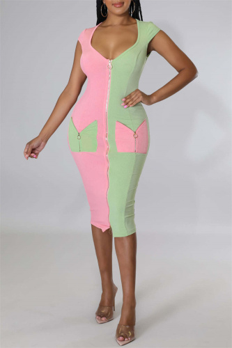 Pink Fashion Sexy Solid Patchwork V Neck Short Sleeve Dress