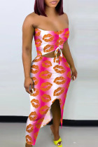 Pink Fashion Sexy Print Draw String Frenulum Backless Slit Strapless Sleeveless Two Pieces
