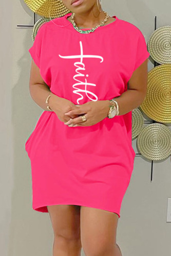 Rose Red Casual Print Patchwork O Neck Straight Dresses