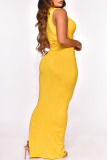 Yellow Fashion Sexy Solid Hollowed Out Slit O Neck Sleeveless Dress Dresses