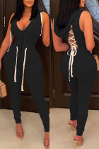 Black Casual Solid Bandage Patchwork Backless Zipper Hooded Collar Skinny Jumpsuits
