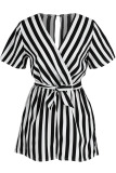 Blue Casual Striped Print Bandage Patchwork V Neck Straight Jumpsuits