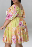 Yellow Fashion Casual Print Patchwork Backless Off the Shoulder Plus Size Dresses