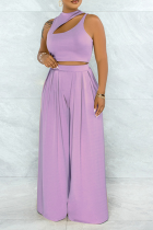 Purple Casual Solid Hollowed Out O Neck Sleeveless Two Pieces