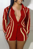 Red Fashion Casual Solid Patchwork Turndown Collar Long Sleeve Two Pieces