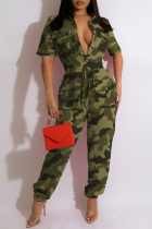 Green Casual Camouflage Print Patchwork Turndown Collar Harlan Jumpsuits