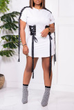 White Casual Street Solid Bandage Patchwork O Neck T-shirt Dress Dresses