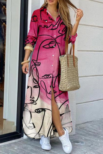Rose Red Fashion Casual Print Slit Turndown Collar Shirt Dress