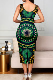 Green Elegant Print Patchwork U Neck One Step Skirt Dresses