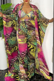 Pink Casual Print Patchwork Halter Long Sleeve Four Pieces(Contain The Scarf)