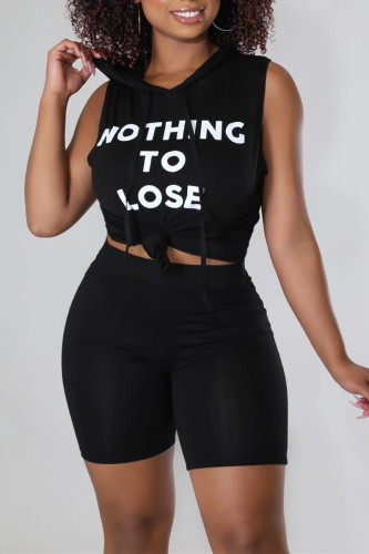 Black Fashion Casual Letter Print Basic Hooded Collar Sleeveless Two Pieces