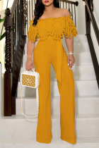 Yellow Elegant Solid Hollowed Out Patchwork Off the Shoulder Straight Jumpsuits