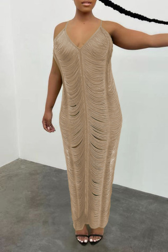 Light Apricot Sexy Solid Hollowed Out Patchwork Swimwears Cover Up