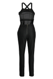 Black Fashion Casual Solid Patchwork Backless Spaghetti Strap Skinny Jumpsuits