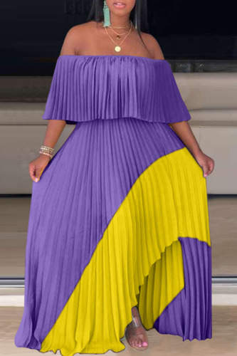 Purple Sexy Print Patchwork Fold Asymmetrical Off the Shoulder Straight Dresses