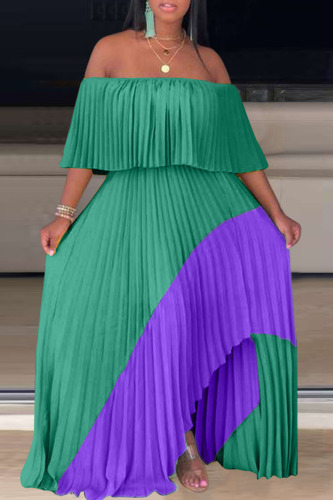 Green Sexy Print Patchwork Fold Asymmetrical Off the Shoulder Straight Dresses