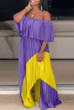 Purple Sexy Print Patchwork Fold Asymmetrical Off the Shoulder Straight Dresses