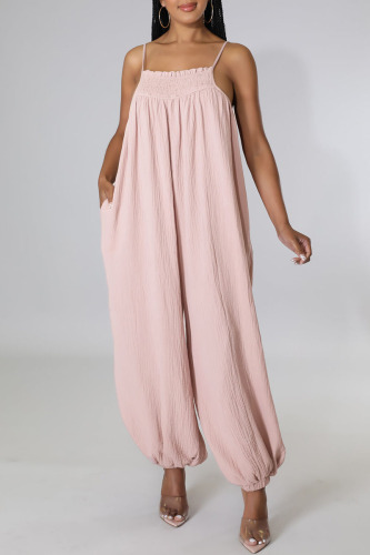 Pink Casual Solid Patchwork Spaghetti Strap Straight Jumpsuits
