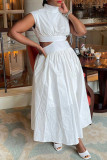 White Fashion Casual Solid Hollowed Out Turtleneck Sleeveless Dress