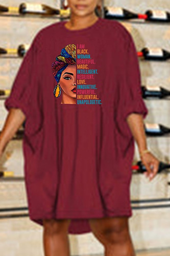 Burgundy Casual Print Patchwork O Neck Long Sleeve Dresses