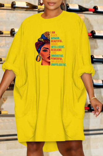 Yellow Casual Print Patchwork O Neck Long Sleeve Dresses