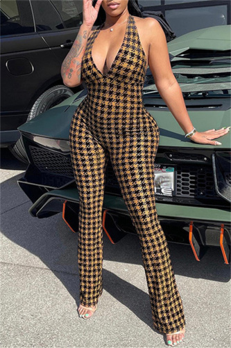 Brownness Fashion Sexy Print Backless Halter Skinny Jumpsuits