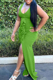 Green Sexy Solid Patchwork Slit Stringy Selvedge U Neck Long Dress Dresses