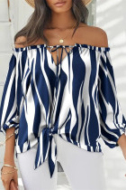Stripe Fashion Casual Print Bandage Backless Off the Shoulder Tops