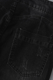 Dark Blue Fashion Casual Solid Ripped Patchwork High Waist Skinny Denim Jeans