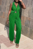 Green Fashion Solid Patchwork Turndown Collar Sleeveless Two Pieces