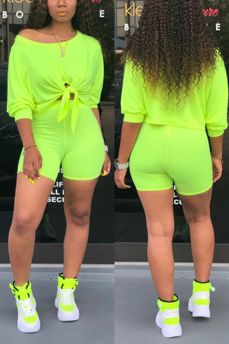 Two-Piece Set with Off Shoulder Top and Shirred Mini Skirt - Green