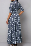 Grey Casual Print Patchwork Buckle Turndown Collar Dresses